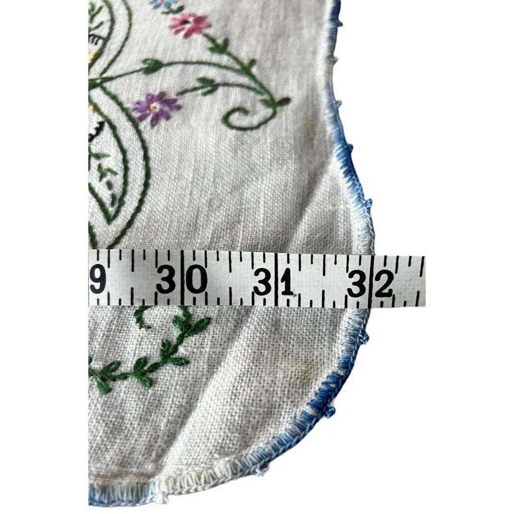 Vintage Hand-Embroidered Floral Table Runner Blue Crocheted Lace Edge 32